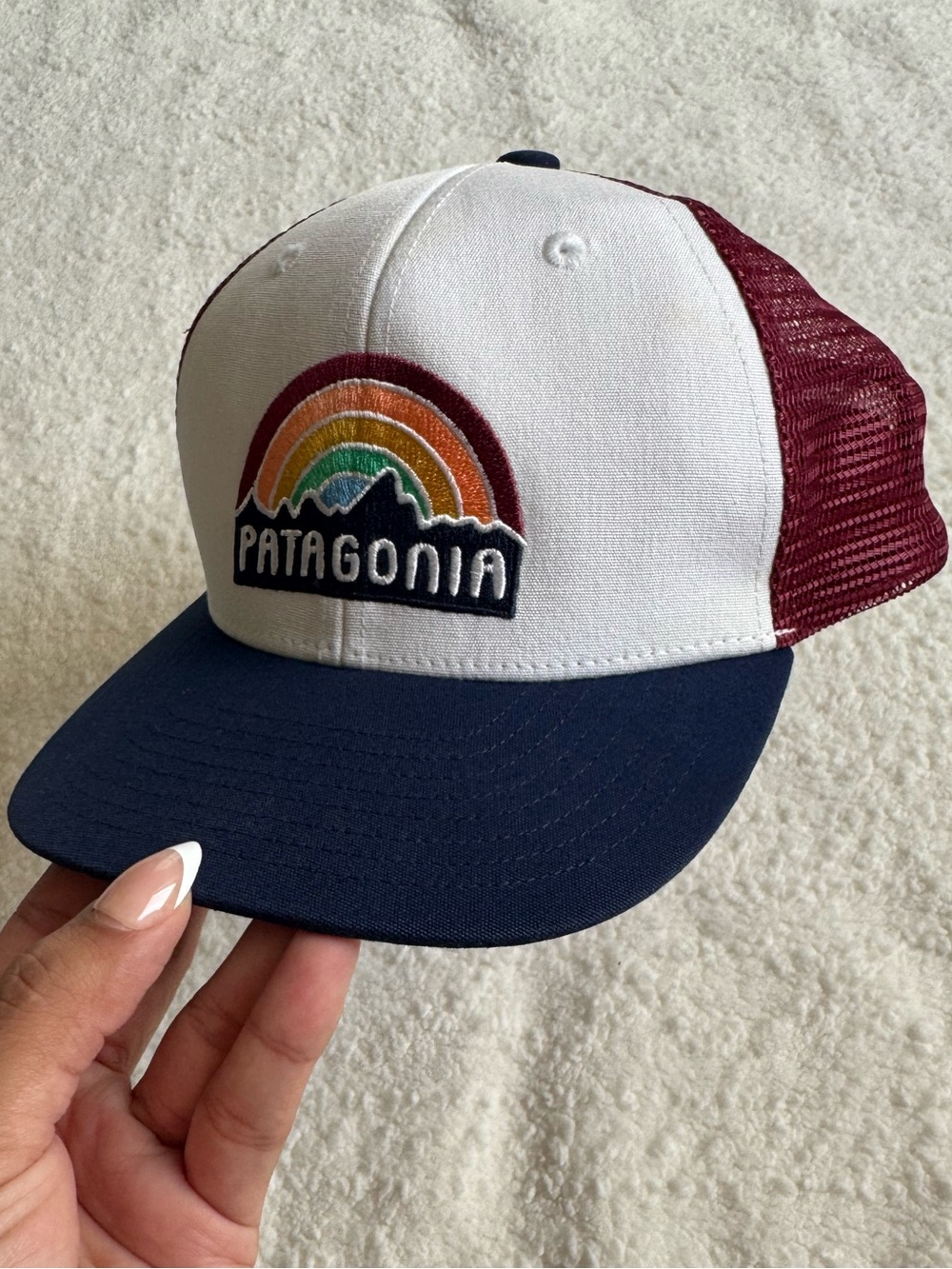 Patagonia Rainbow Mountain Logo Trucker Hat Snapback Cap White Burgundy Blue